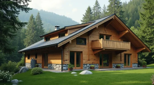 Vue panoramique d'un chalet en bois sur mesure entouré de forêt montagneuse