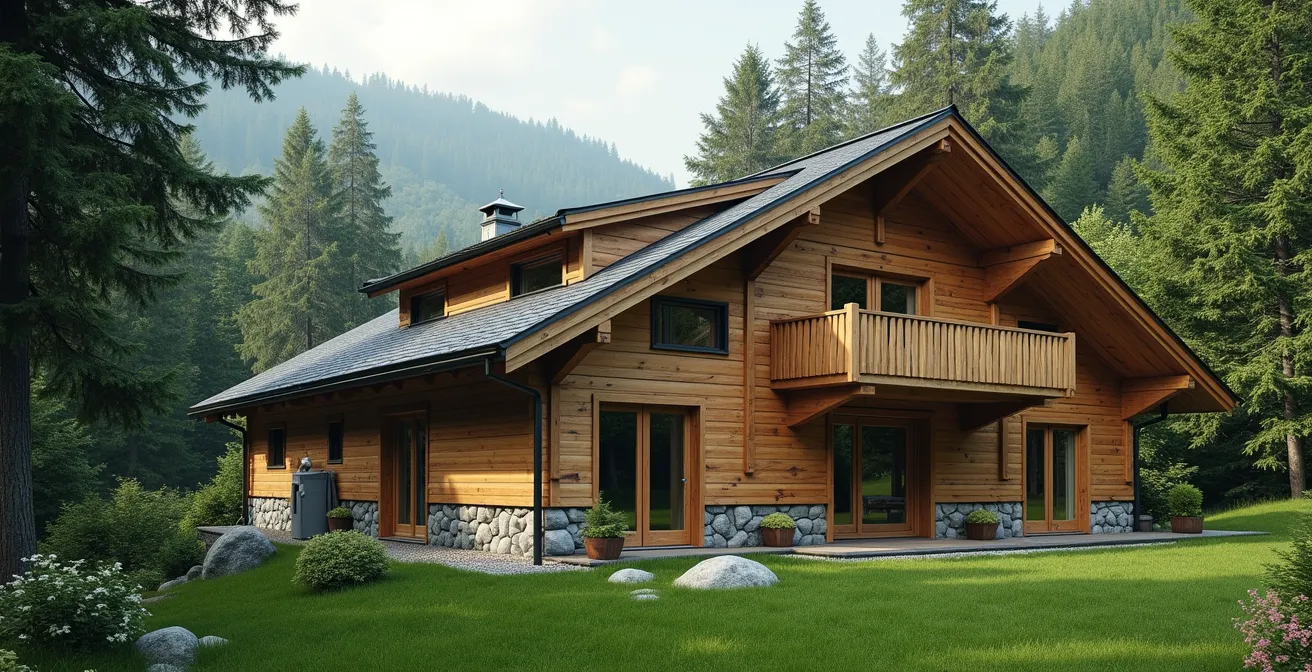 Vue panoramique d'un chalet en bois sur mesure entouré de forêt montagneuse