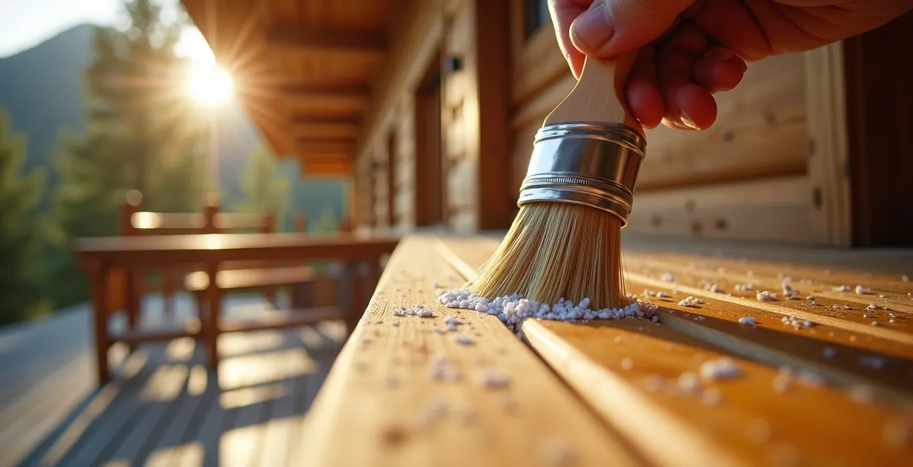 Gros plan sur la main appliquant un traitement protecteur sur une surface en bois de chalet