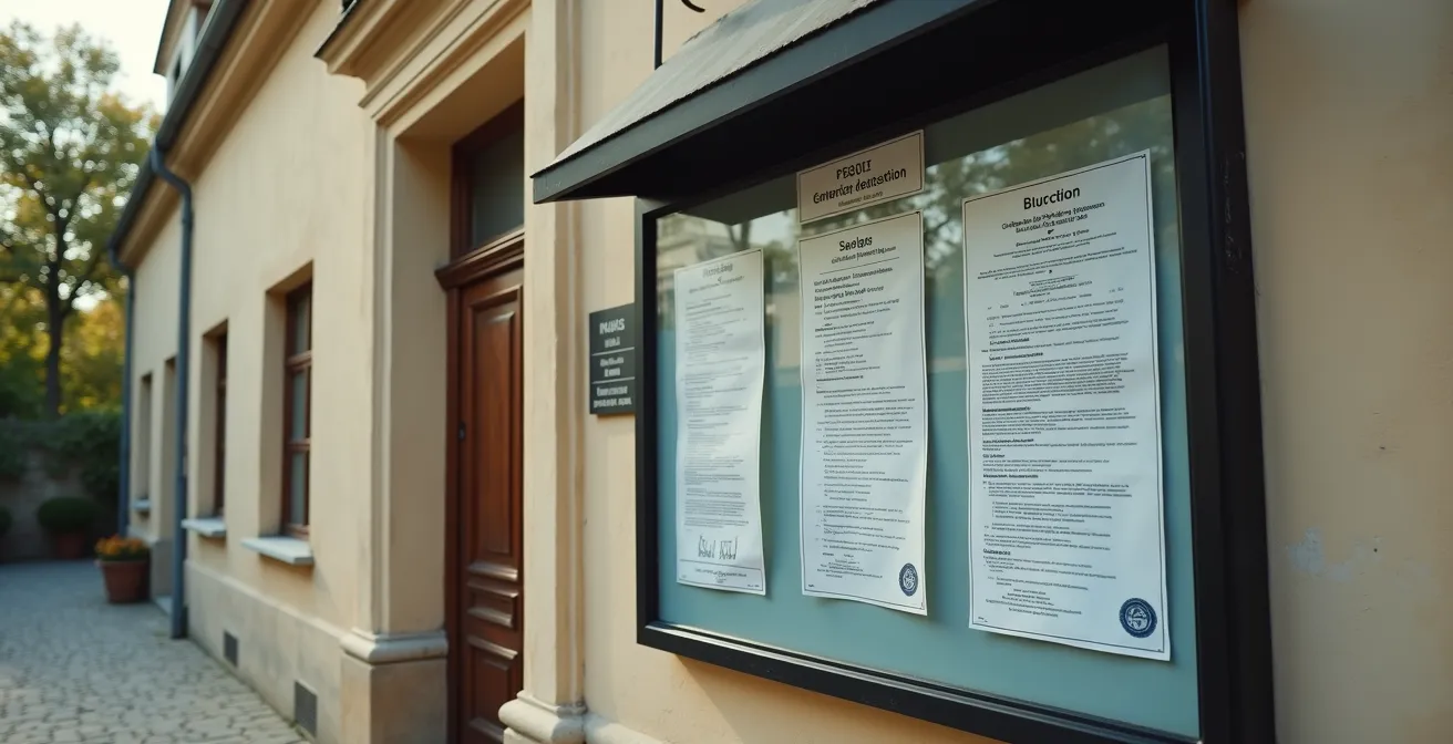 Vue extérieure d’une mairie avec panneau d’affichage des permis de construire