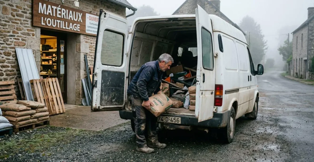 Un artisan en vêtements de travail charge des sacs de matériaux dans un utilitaire blanc devant l'entrée d'un négoce, dans la lumière brumeuse du petit matin