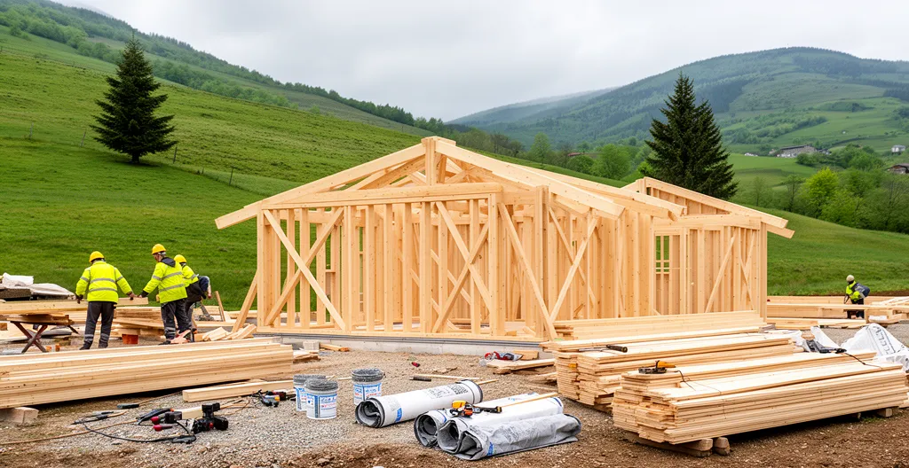 Structure ossature bois en cours de montage sur chantier rural