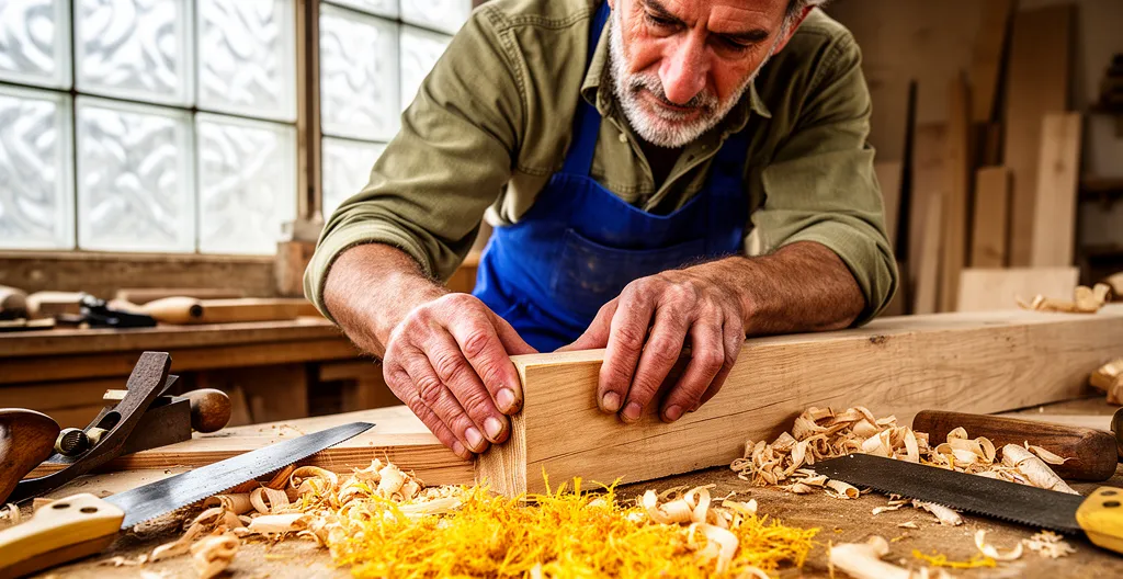Charpentier ajustant une poutre dans son atelier de construction bois