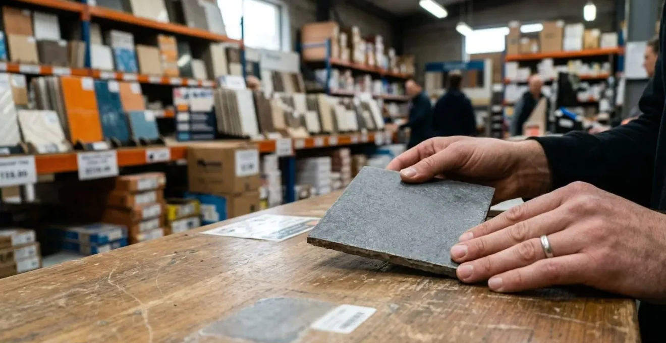 Les mains d'un conseiller en chemise bleue présentent un échantillon de carrelage à un client au comptoir, rayonnages de matériaux floutés en arrière-plan