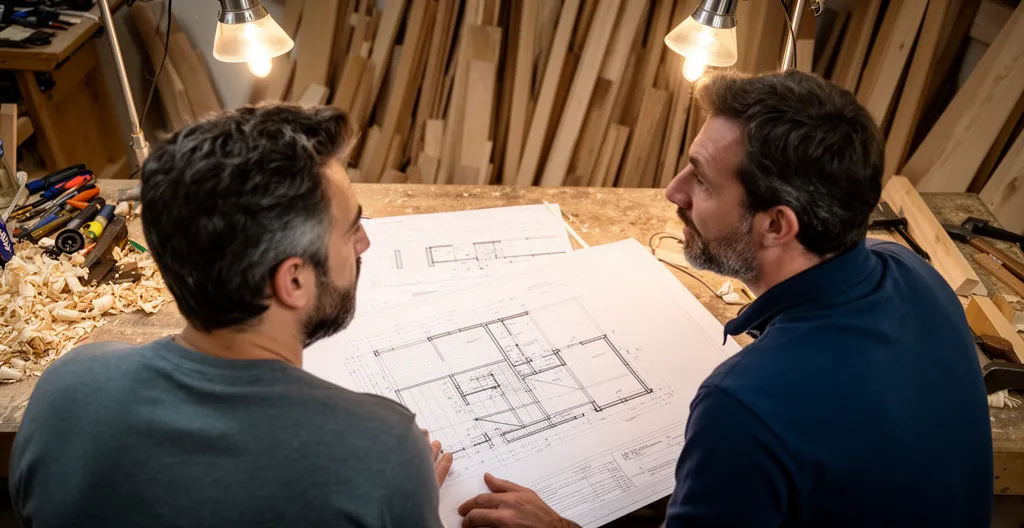 Artisan et client discutant d'un projet devant des plans dans un atelier bois
