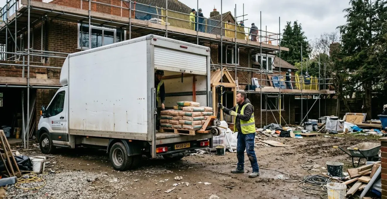 Un camion-grue décharge des palettes de matériaux devant une maison en travaux avec échafaudages, un ouvrier en gilet jaune guide la manœuvre