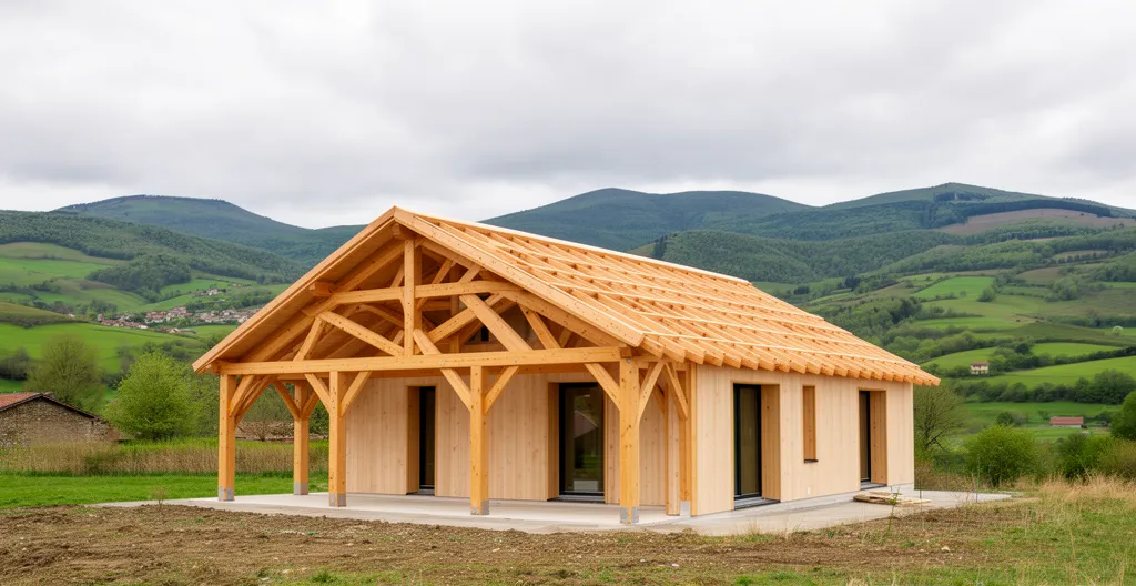 Maison ossature bois en construction dans le paysage rural de Haute-Loire