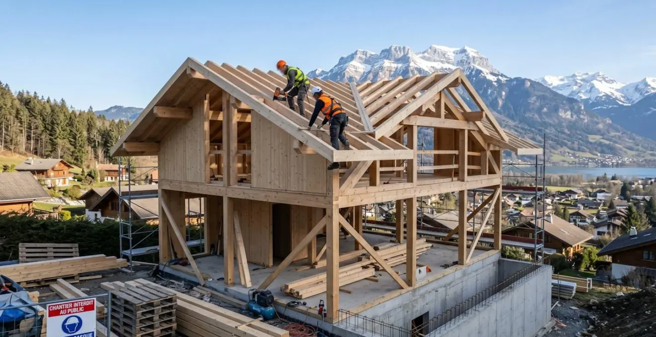 Chantier de construction d'une maison à ossature bois en Haute-Savoie, structure en bois visible avec ouvriers au travail, montagnes alpines en arrière-plan
