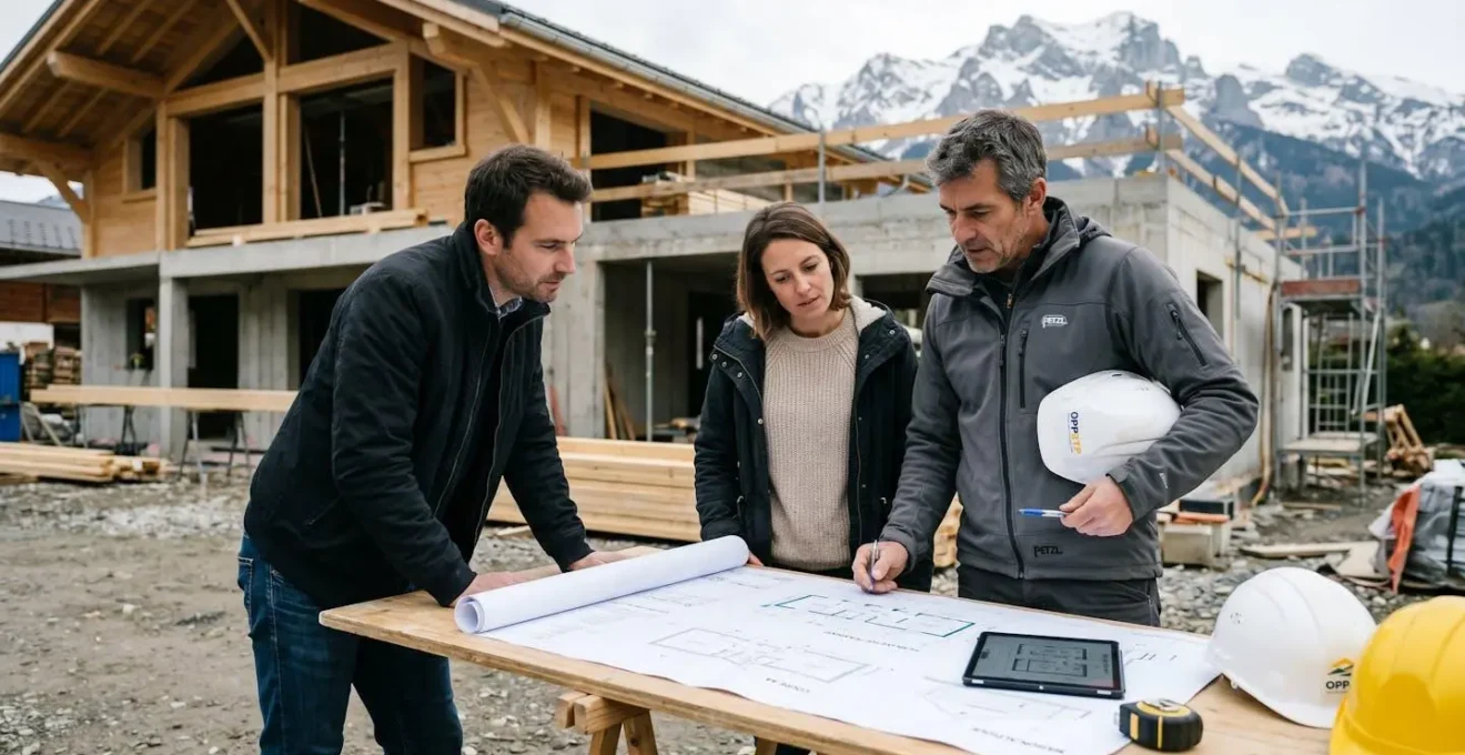 Réunion de chantier entre couple de clients et professionnel de la construction autour de plans de maison, site de construction en Haute-Savoie en arrière-plan