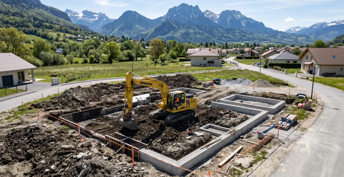 Vue aérienne d'un terrain constructible en Haute-Savoie en phase de terrassement, pelleteuse en action et fondations béton visibles, montagnes alpines en arrière-plan